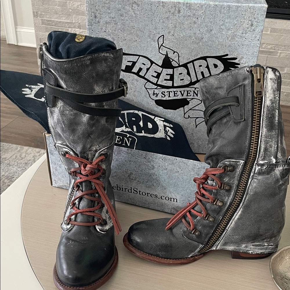 Freebird by Steven Distressed Black Leather Combat Boots with Brown Accents - Picture 3 of 14
